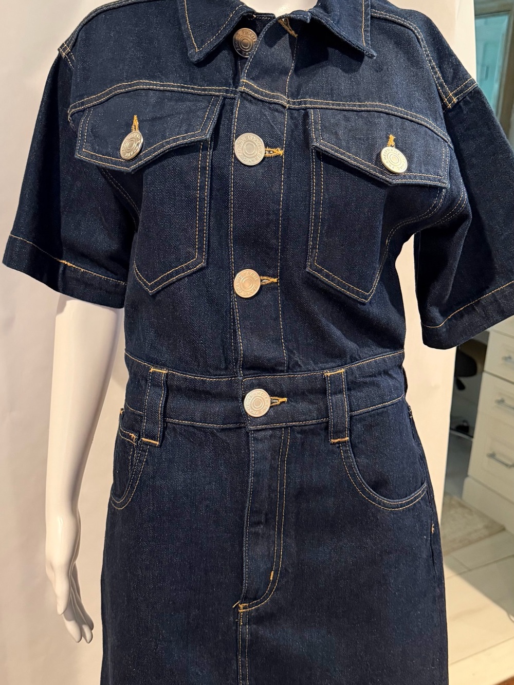 Frame Denim Dark Blue Short-Sleeve Denim Mini Dress